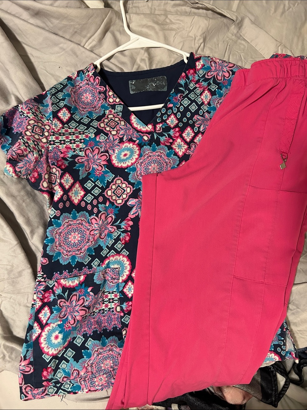 Vera Bradley Navy Floral Scrub Top with Pink Drawstring Scrub Pants